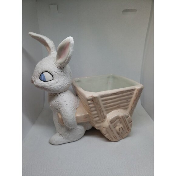 Vintage Other - Vintage Planter Bunny Pulling Cart White Rabbit Ceramic Plant Accessory Easter